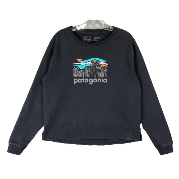 Patagonia Women L Sweatshirt Uprisal Crew Black Recycled Cotton Logo Pullover - Picture 1 of 9
